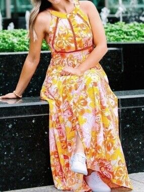 ABEL THE LABEL Rumi Floral Maxi Dress L Halter Tie Back Orange Yellow
